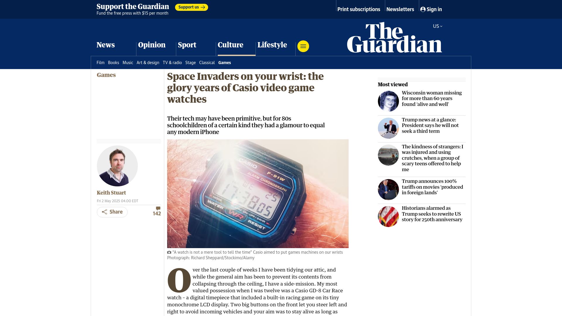 Screenshot of theguardian.com: Space Invaders on your wrist: the glory years of Casio video game watches
