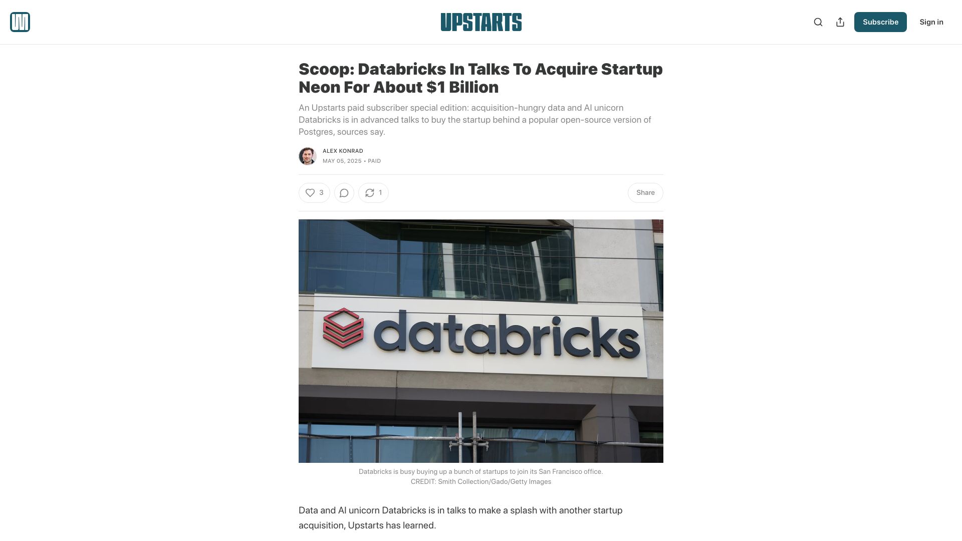 Screenshot of upstartsmedia.com: Databricks in talks to acquire startup Neon for about $1B