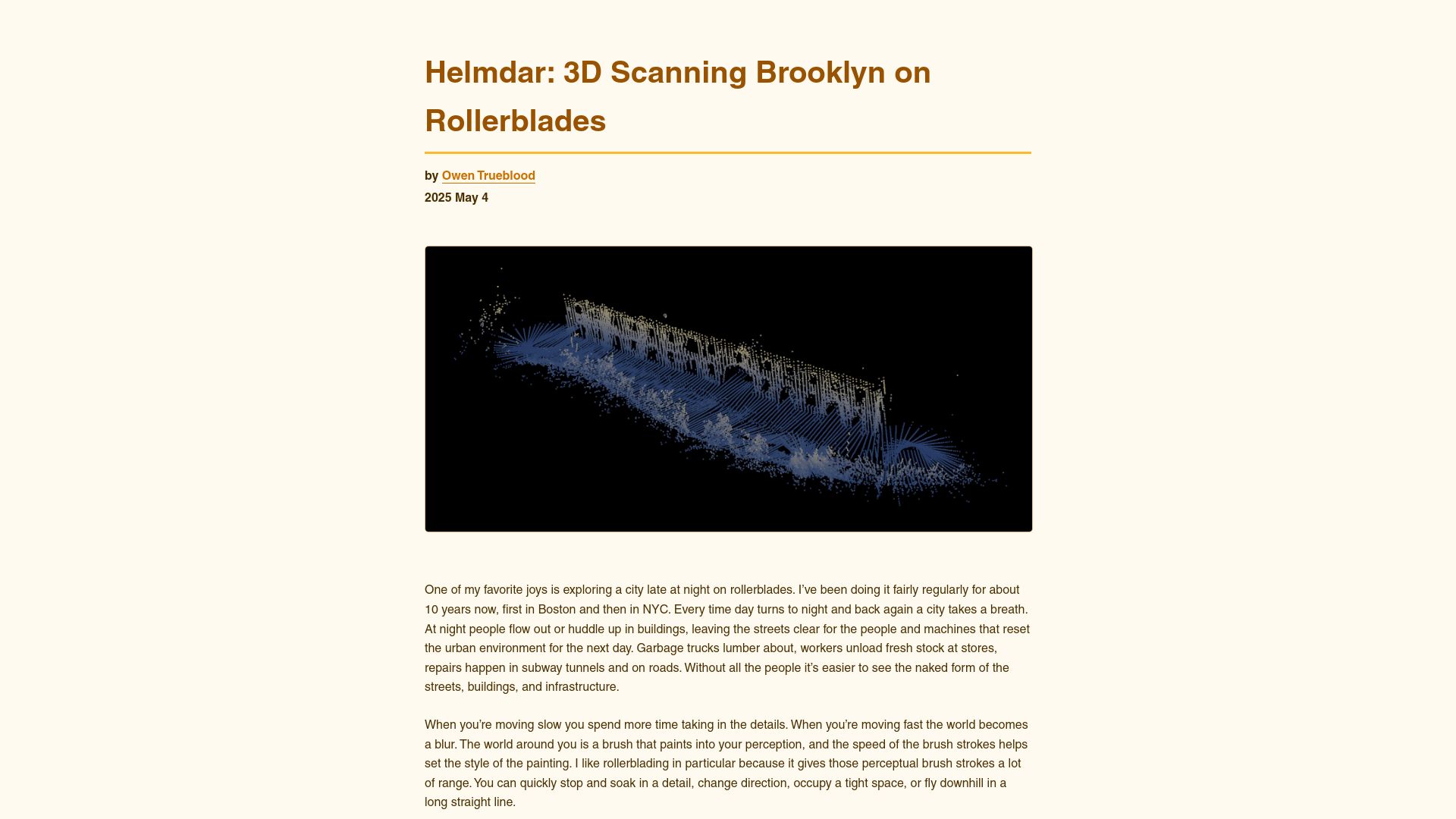 Screenshot of owentrueblood.com: Helmdar: 3D Scanning Brooklyn on Rollerblades