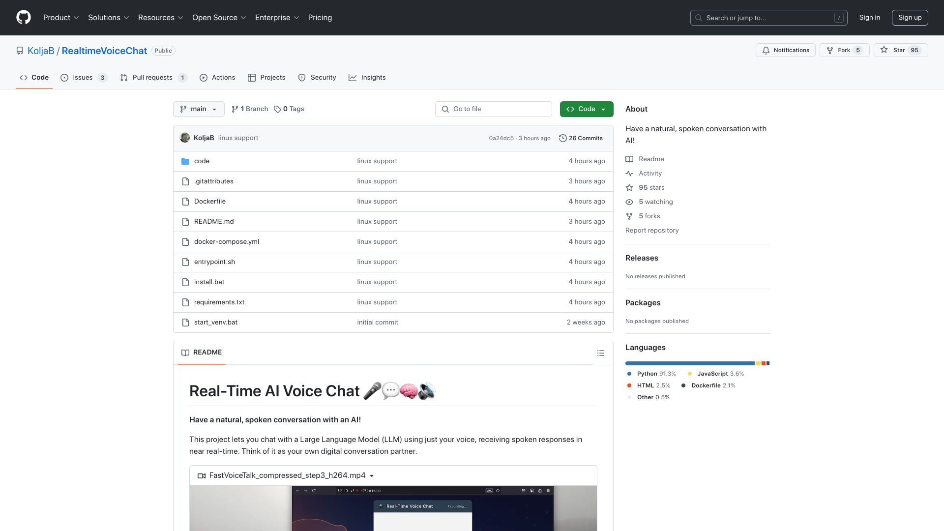 Screenshot of github.com: Show HN: Real-time AI Voice Chat at ~500ms Latency