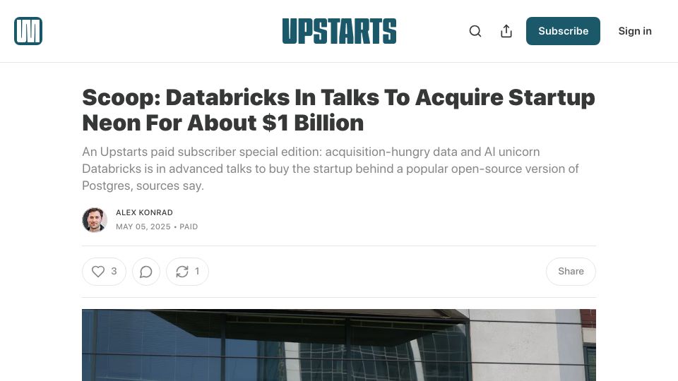 Screenshot of upstartsmedia.com: Databricks in talks to acquire startup Neon for about $1B