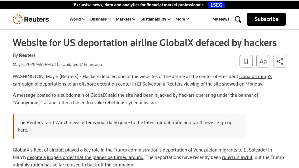 Screenshot of reuters.com: Website for US deportation airline GlobalX defaced by hackers
