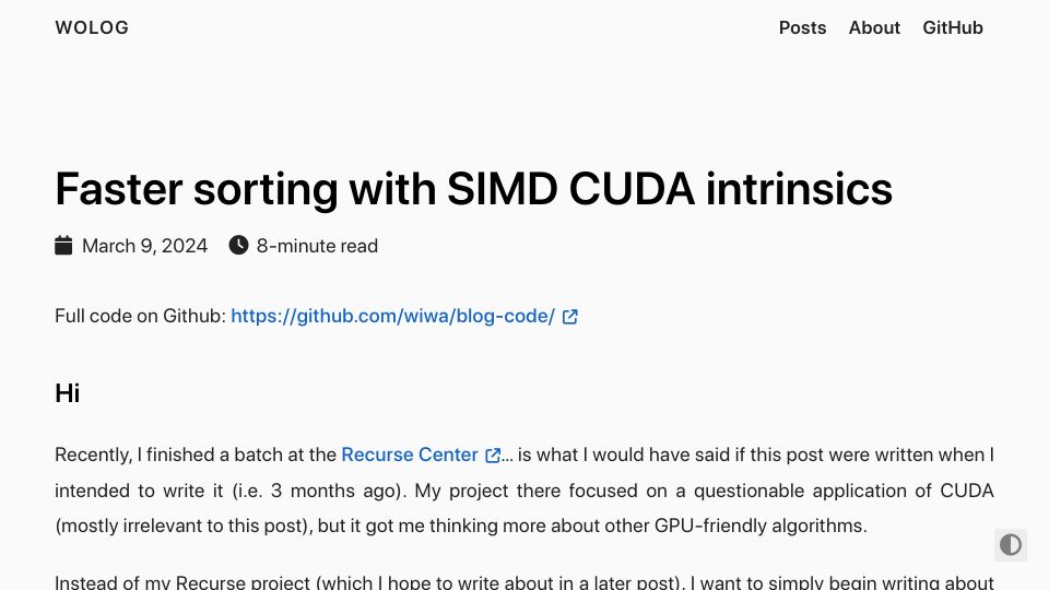 Screenshot of winwang.blog: Faster sorting with SIMD CUDA intrinsics (2024)