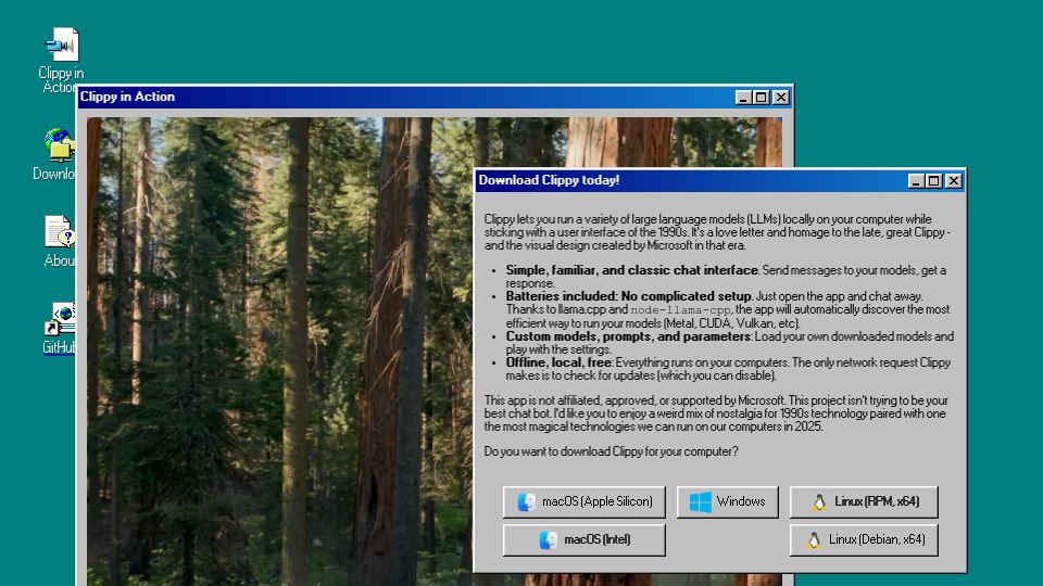 Screenshot of felixrieseberg.github.io: Show HN: Clippy – 90s UI for local LLMs
