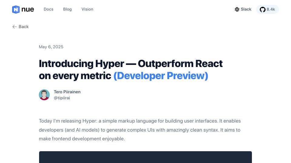 Screenshot of nuejs.org: Hyper – Outperform React on every metric