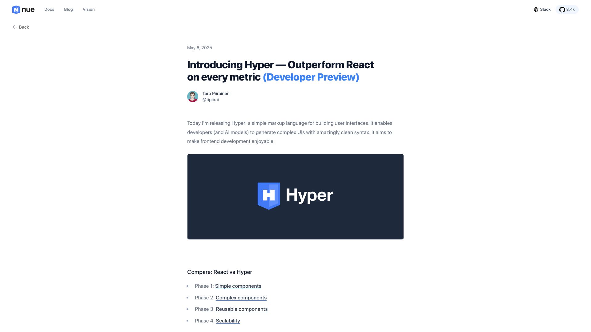 Screenshot of nuejs.org: Hyper – Outperform React on every metric