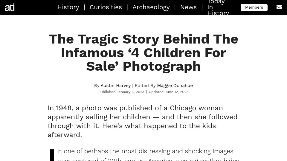 Screenshot of allthatsinteresting.com: The Tragic Story Behind the Infamous '4 Children for Sale' Photograph (2023)