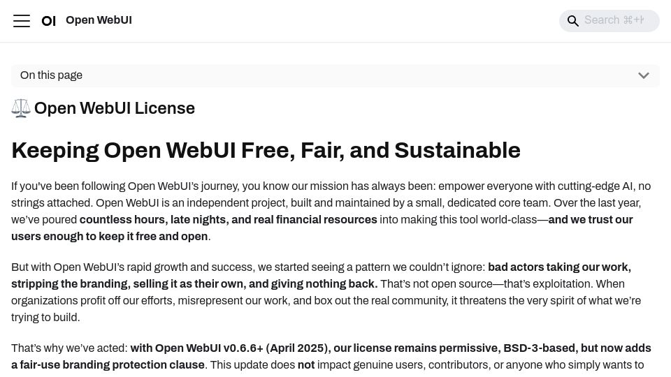 Screenshot of docs.openwebui.com: Open WebUI changed license from BSD-3 to Open WebUI license with CLA