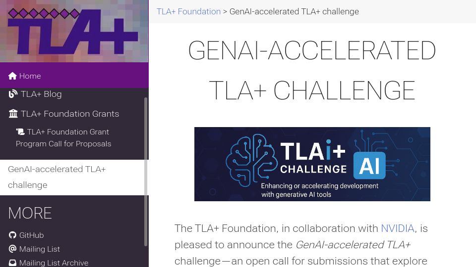Screenshot of foundation.tlapl.us: GenAI-Accelerated TLA+ Challenge