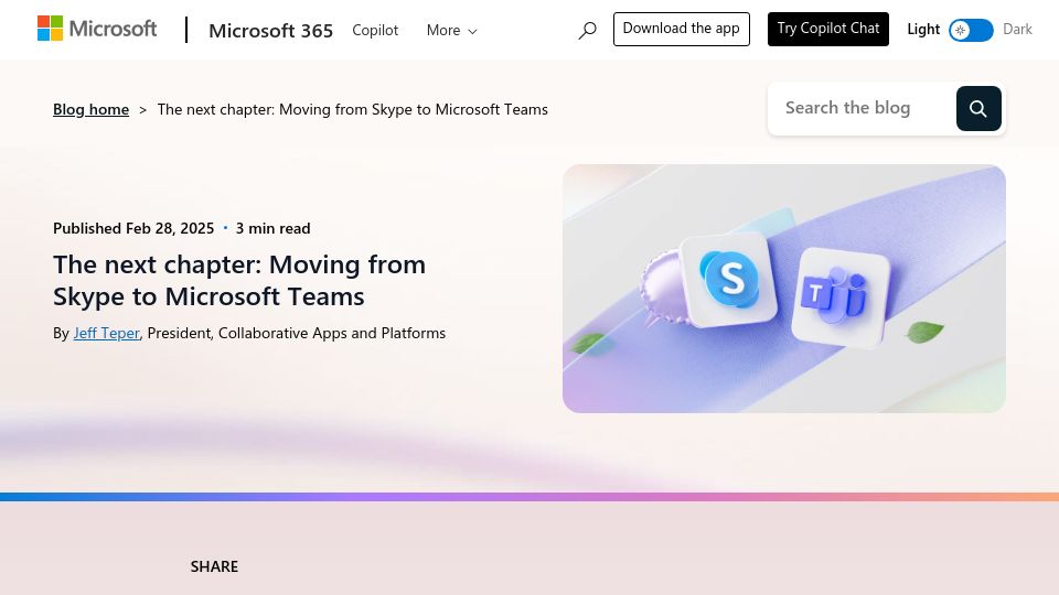 Screenshot of microsoft.com: RIP Skype