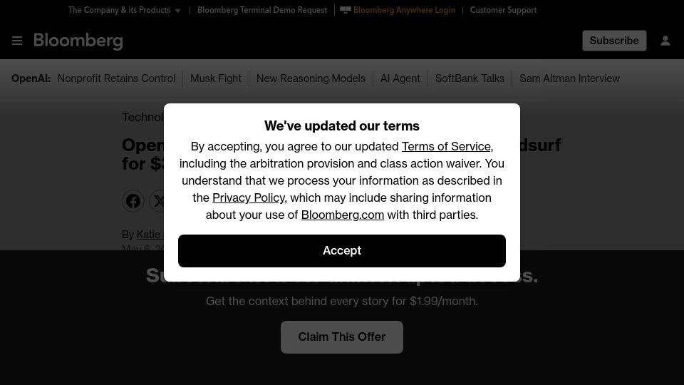 Screenshot of bloomberg.com: OpenAI reaches agreement to buy Windsurf for $3B