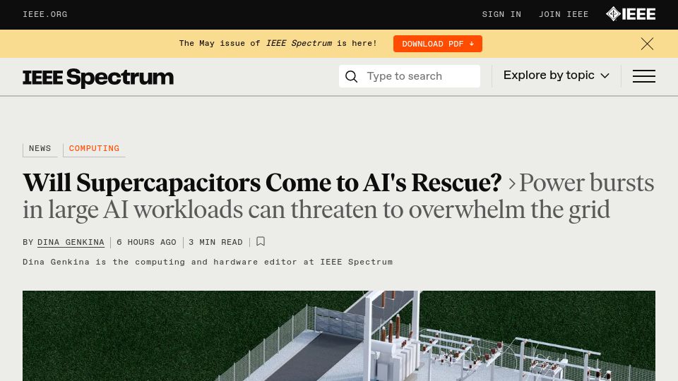 Screenshot of spectrum.ieee.org: Will supercapacitors come to AI's rescue?