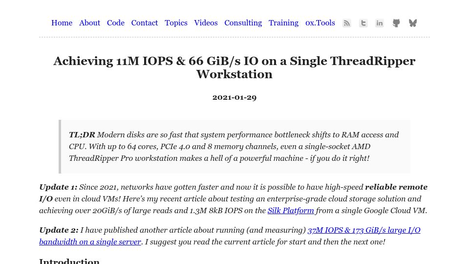 Screenshot of tanelpoder.com: Achieving 11M IOPS and 66 GiB/s IO on a Single Threadripper Workstation (2021)