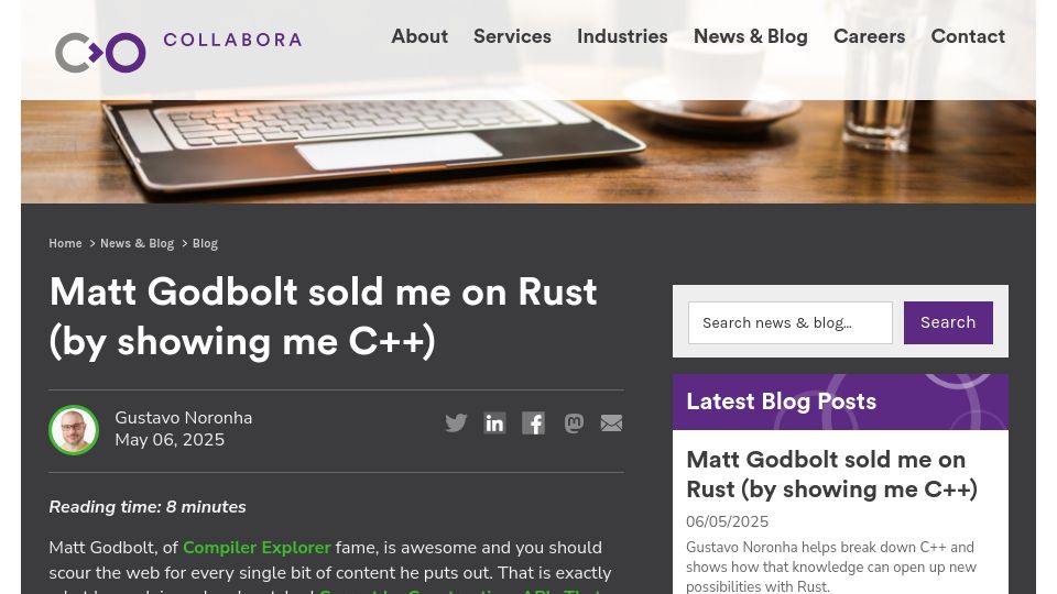 Screenshot of collabora.com: Matt Godbolt sold me on Rust by showing me C++