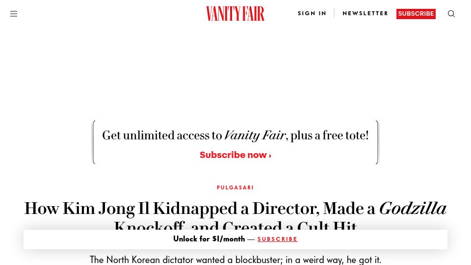 Screenshot of vanityfair.com: How Kim Jong Il Kidnapped a Director, Made a Cult Hit Godzilla Knockoff (2015)