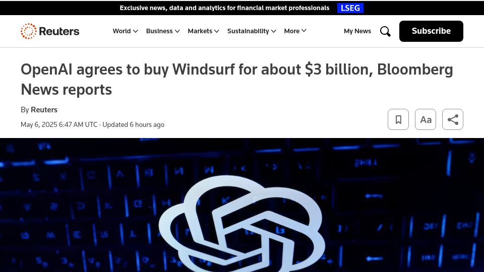 Screenshot of bloomberg.com: OpenAI reaches agreement to buy Windsurf for around $3B