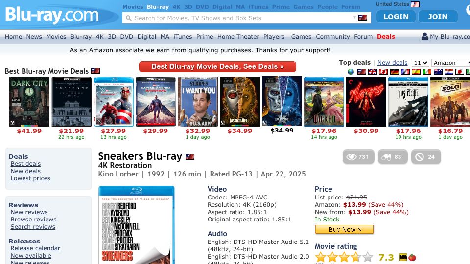 Screenshot of blu-ray.com: Sneakers (1992) – 4K makeover sourced from the original camera negative