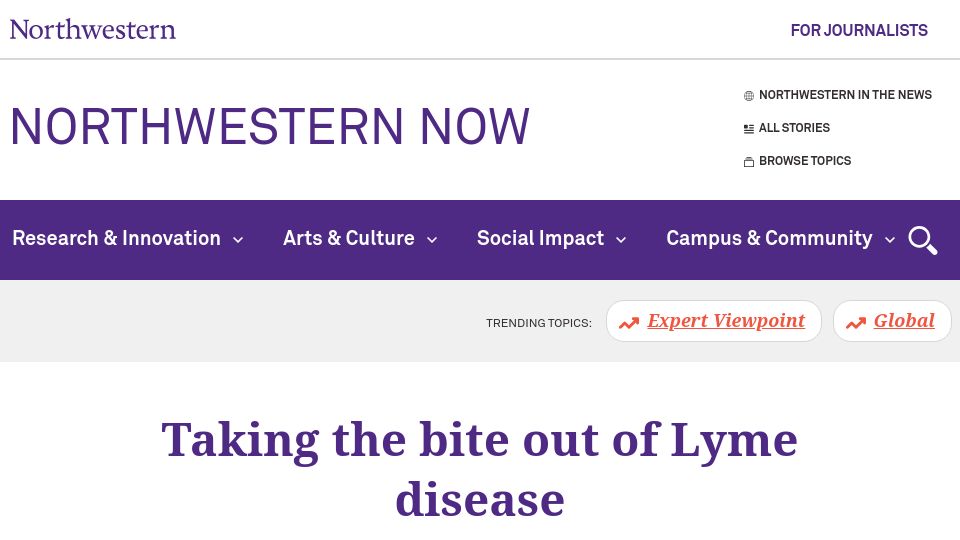 Screenshot of news.northwestern.edu: New studies offer insight into Lyme disease’s treatment, lingering symptoms