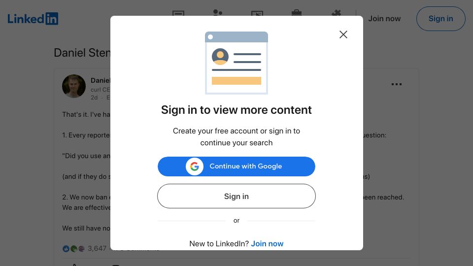 Screenshot of linkedin.com: Curl: We still have not seen a valid security report done with AI help