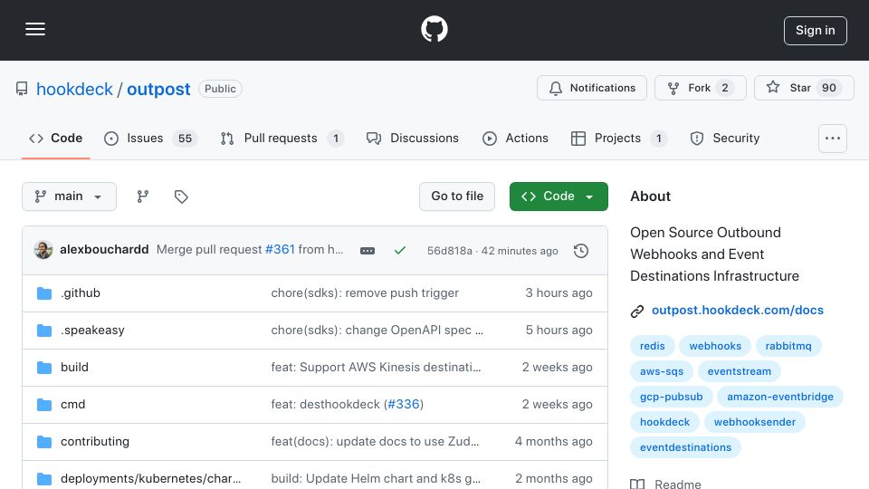 Screenshot of github.com: Show HN: Outpost – OSS infra for outbound webhooks and event destinations