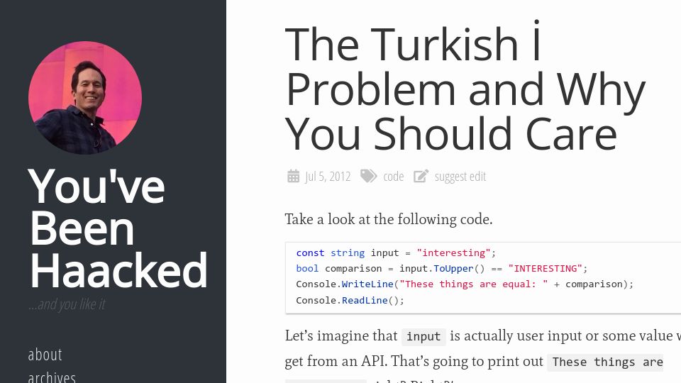 Screenshot of haacked.com: The Turkish İ Problem and Why You Should Care (2012)