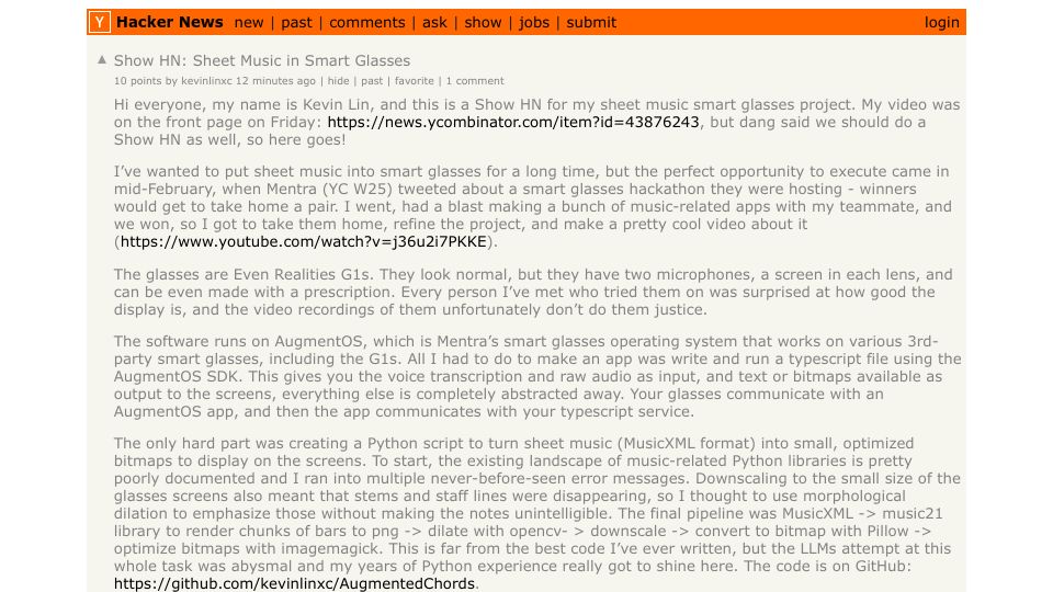 Screenshot of Hacker News post: Show HN: Sheet Music in Smart Glasses