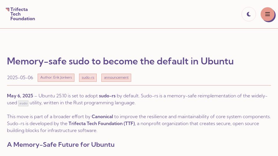 Screenshot of trifectatech.org: Memory-safe sudo to become the default in Ubuntu