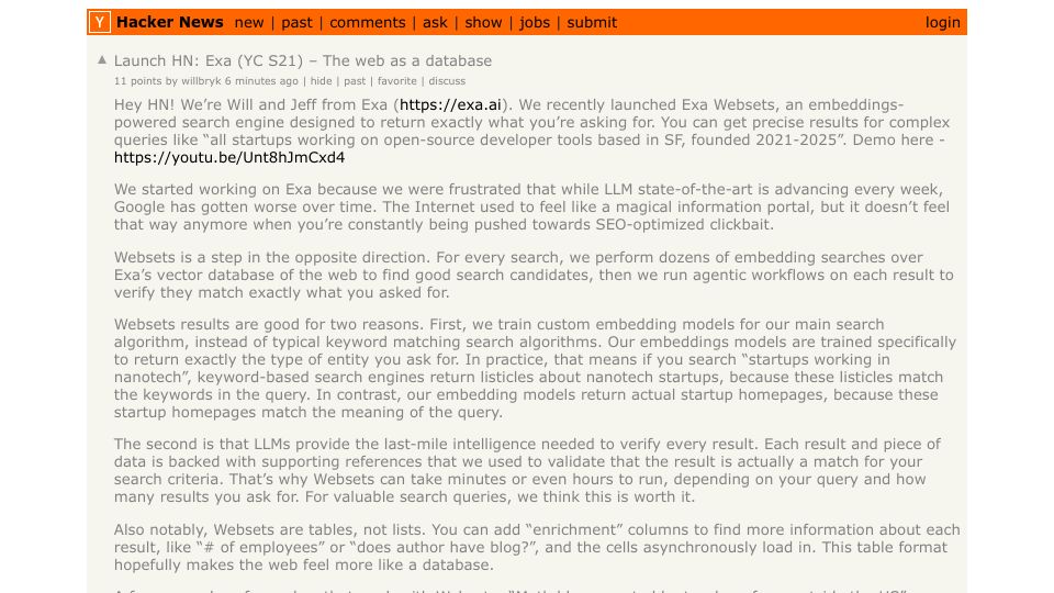 Screenshot of Hacker News post: Launch HN: Exa (YC S21) – The web as a database