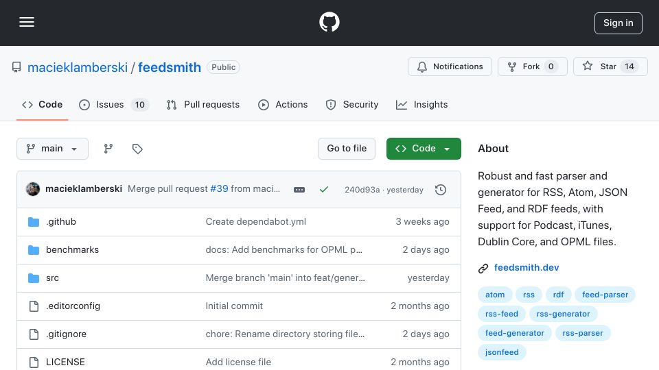 Screenshot of github.com: Show HN: Feedsmith — Fast parser & generator for RSS, Atom, OPML feed namespaces