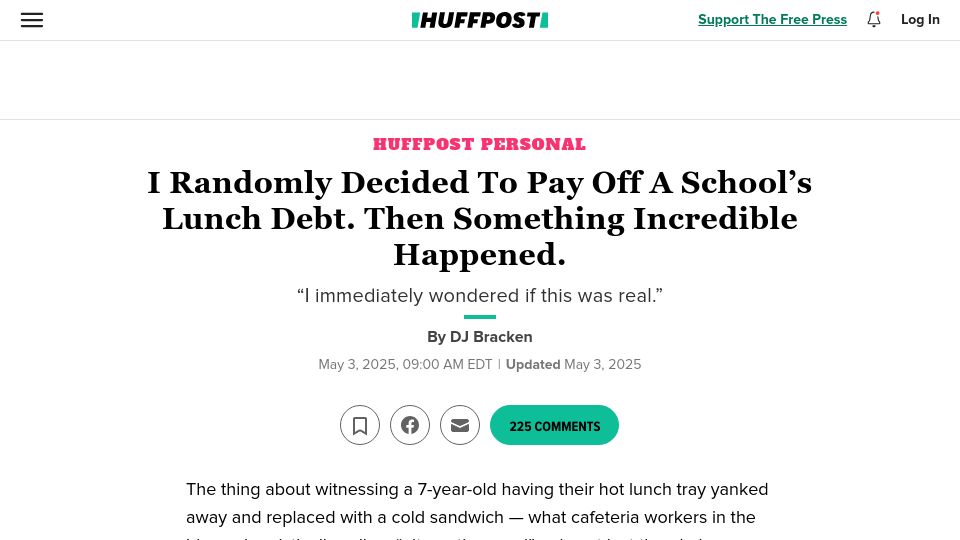 Screenshot of huffpost.com: I decided to pay off a school’s lunch debt