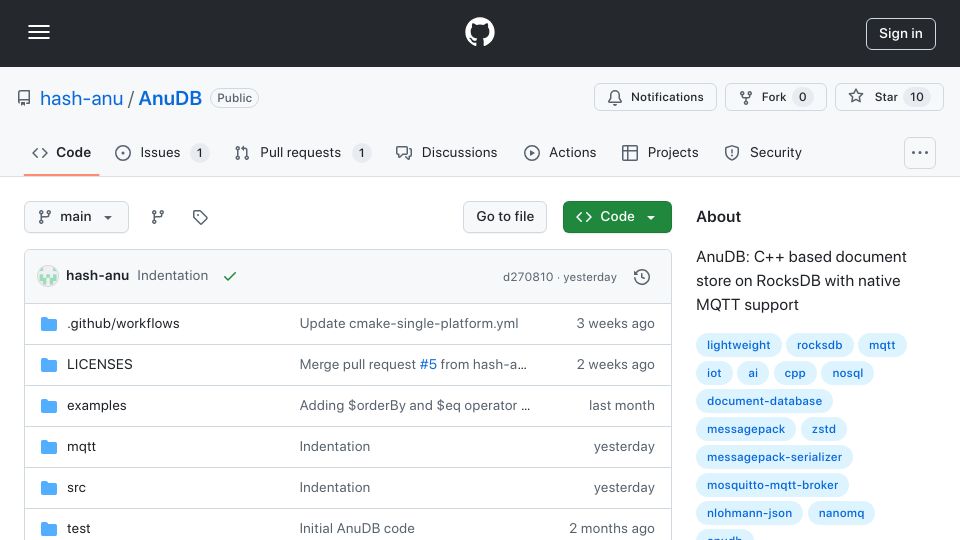 Screenshot of github.com: Show HN: AnuDB– Backed on RocksDB, 279x Faster Than SQLite in Parallel Workloads