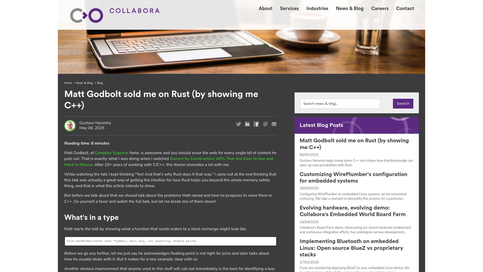 Screenshot of collabora.com: Matt Godbolt sold me on Rust by showing me C++