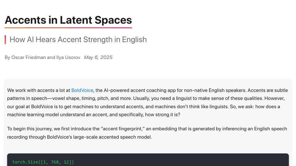 Screenshot of accent-strength.boldvoice.com: Accents in latent spaces: How AI hears accent strength in English