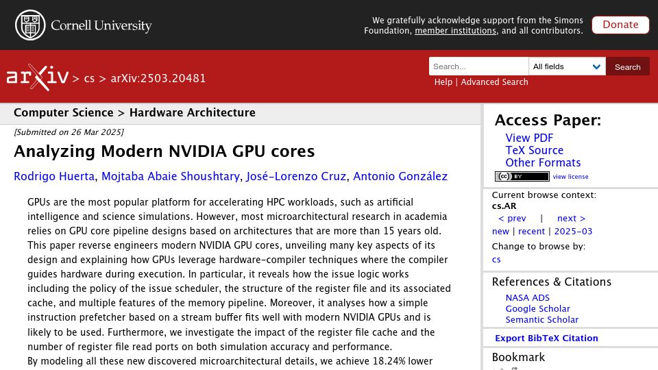Screenshot of arxiv.org: Analyzing Modern Nvidia GPU Cores