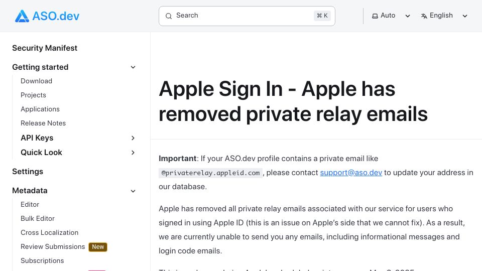 Screenshot of aso.dev: Show HN: Sign in with Apple" broke after update–losing data for a third of users