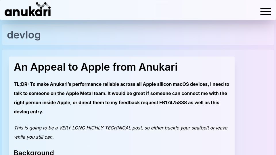 Screenshot of anukari.com: An appeal to Apple from Anukari