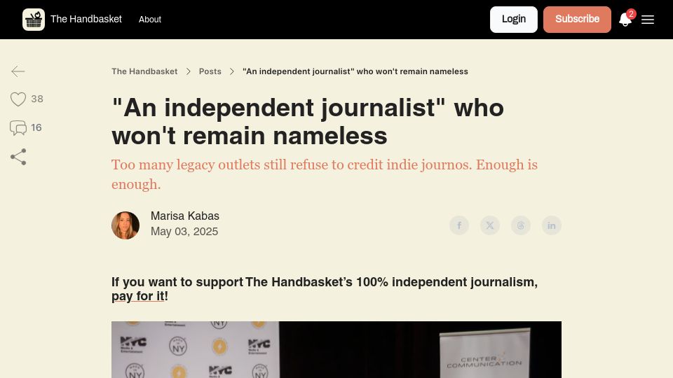 Screenshot of thehandbasket.co: “An independent journalist” who won't remain nameless
