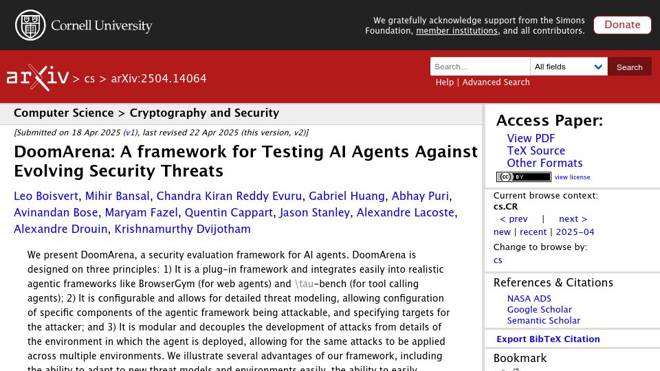 Screenshot of arxiv.org: DoomArena: A Framework for Testing AI Agents Against Evolving Security Threats