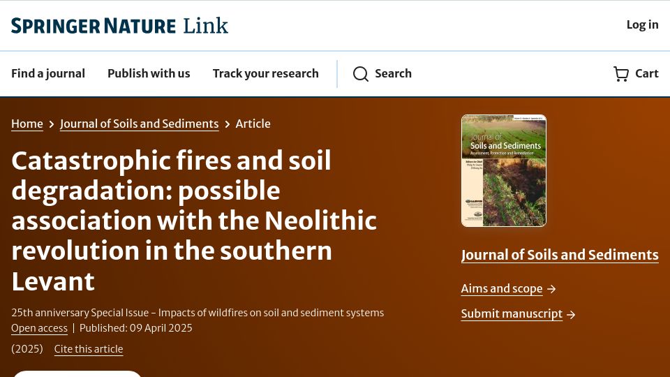 Screenshot of link.springer.com: Catastrophic fires and soil degradation: possible link with Neolithic revolution