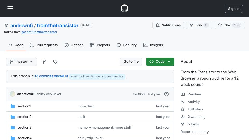 Screenshot of github.com: From the Transistor to the Web Browser, a rough outline for a 12 week course