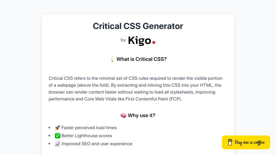 Screenshot of critical-css-extractor.kigo.studio: Critical CSS