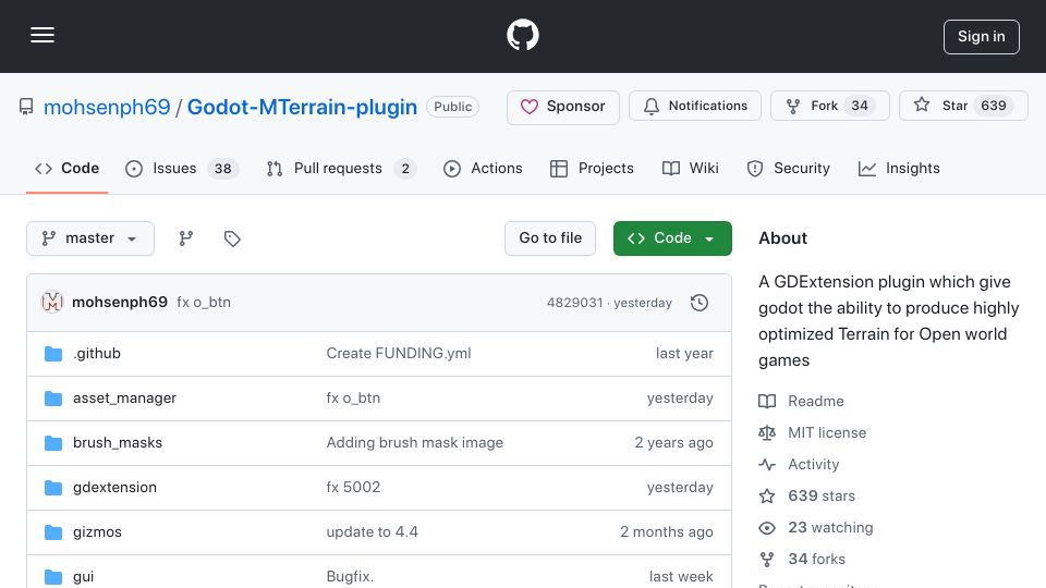 Screenshot of github.com: MTerrain: Optimized terrain system and editor for Godot