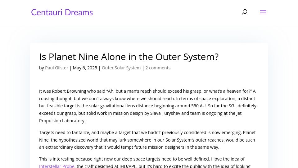 Screenshot of centauri-dreams.org: Is Planet Nine Alone in the Outer System?