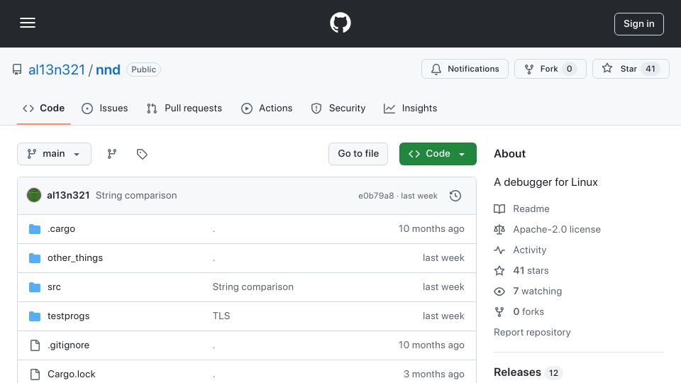Screenshot of github.com: Nnd – a TUI debugger alternative to GDB, LLDB