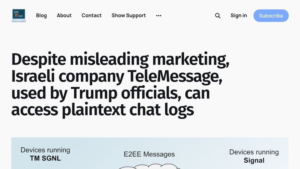 Screenshot of micahflee.com: TeleMessage, used by Trump officials, can access plaintext chat logs