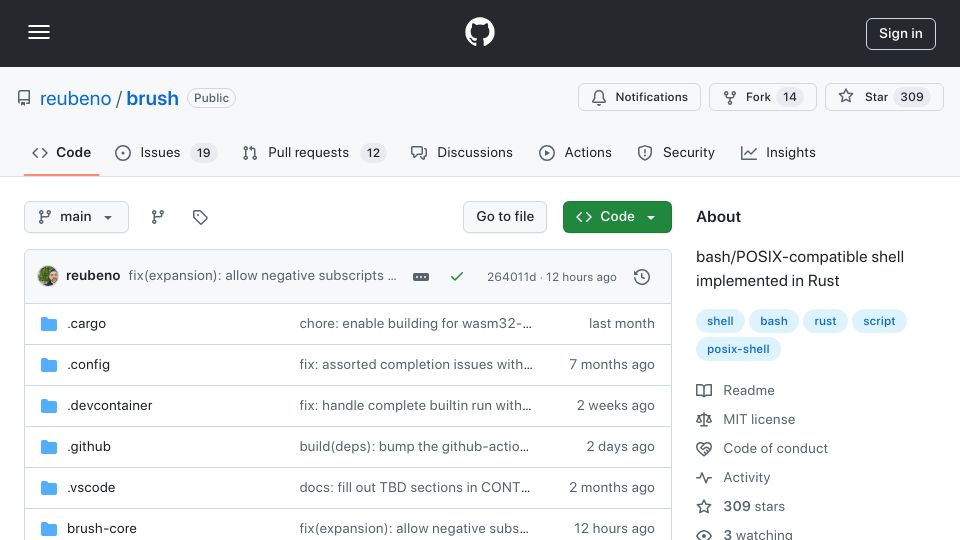 Screenshot of github.com: Brush (Bo(u)rn(e) RUsty SHell) a POSIX and Bash-Compatible Shell in Rust