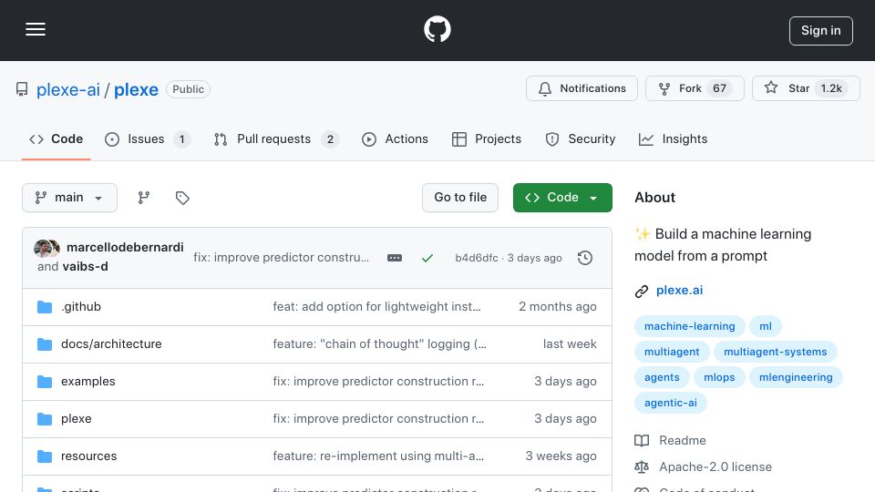Screenshot of github.com: Show HN: Plexe – ML Models from a Prompt