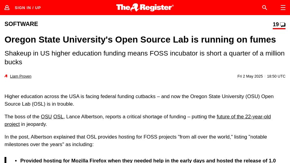 Screenshot of theregister.com: Oregon State University's Open Source Lab Is Running on Fumes