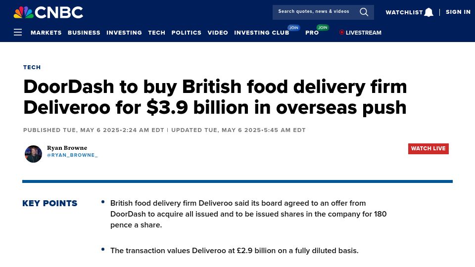 Screenshot of cnbc.com: DoorDash to acquire Deliveroo
