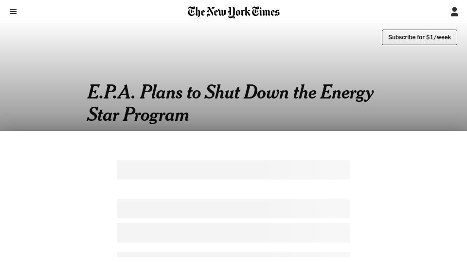 Screenshot of nytimes.com: EPA Plans to Shut Down the Energy Star Program
